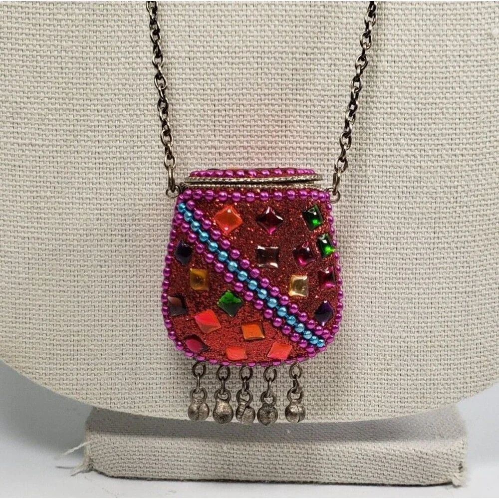 Vintage Tibetan Metal Cash Pill Stash Pouch Red Amulet Tincture Dangler 32" RARE - Picture 4 of 15